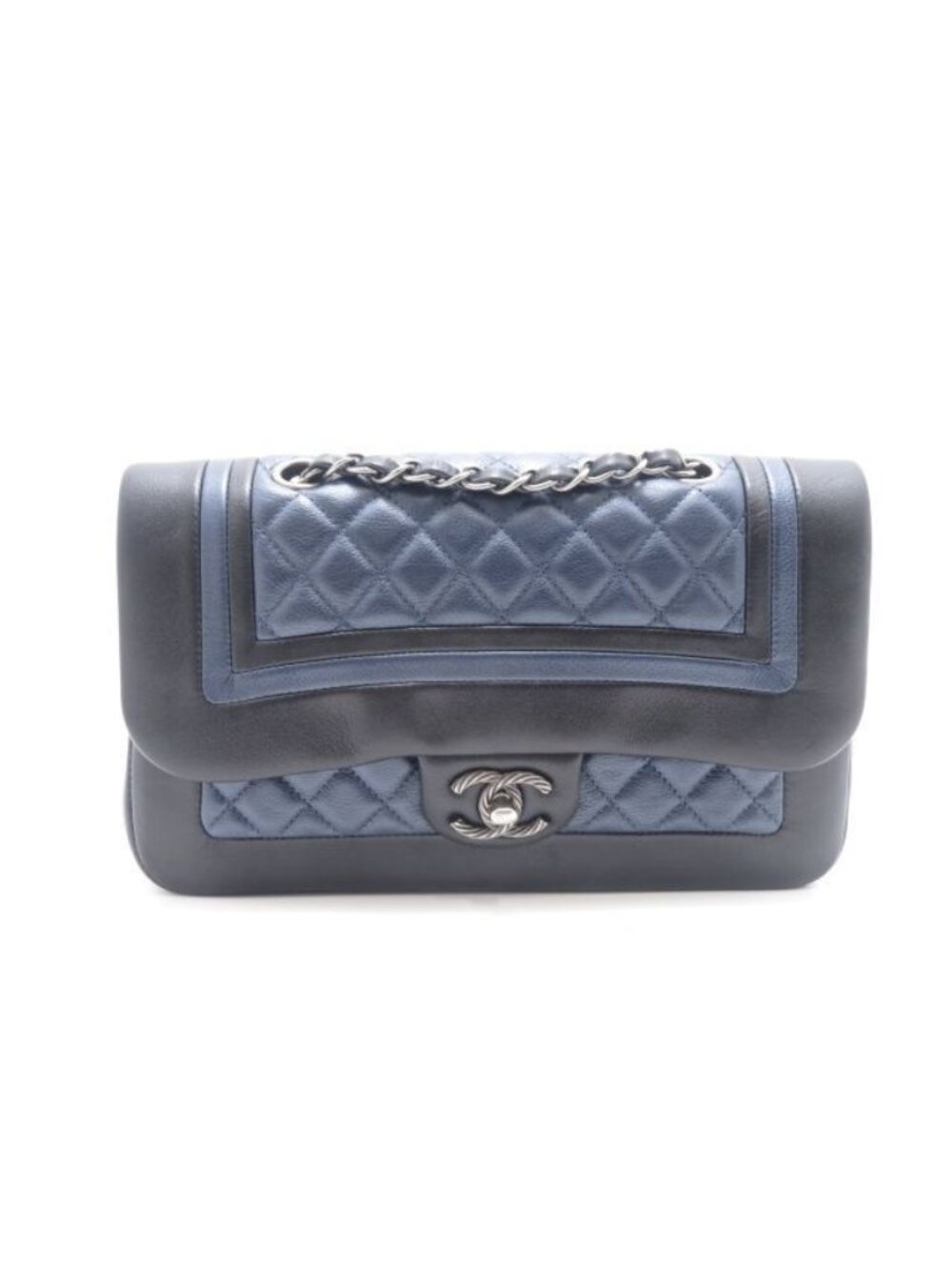Chanel Quilted 25 Chain Shoulder Navy Black Silver Lambskin Bag